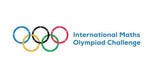 Olympic rings on a white background. To the right, the following is written in blue: International Maths Olympiad Challenge