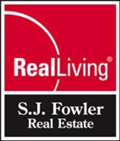 Portrait layout, top two thirds in red, bottom third in black, all on a white background. In red box, Real Living is in white, and in the black box the words S.J. Fowler Real Estate are in white.