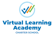 On a white background there is a light blue circle with three check marks inside, blue with a blue dot, orange and green. Below the following is written in blue: Virtual Learning Academy Charter School.