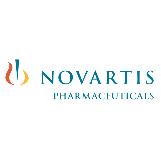 On a gray background, the words Novartis Pharmaceuticals is in blue, with the logo to the left in orange, blue and yellow.