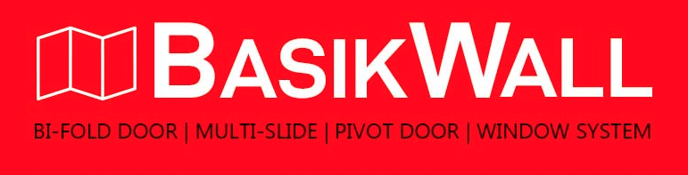 Basik Wall logo Red rectangle, with the works Basik Wall in white inside of the rectangle and a tri fold rectangle before the word Basik. Underneath Basik Wall the following is written in black: BI-FOLD Door | Multi-Side | Pivot Door | Window System