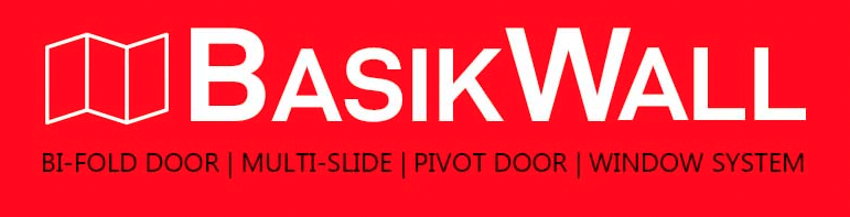 Red rectangle, with the works Basik Wall in white inside of the rectangle and a tri fold rectangle before the word Basik. Underneath Basik Wall the following is written in black: BI-FOLD Door | Multi-Side | Pivot Door | Window System