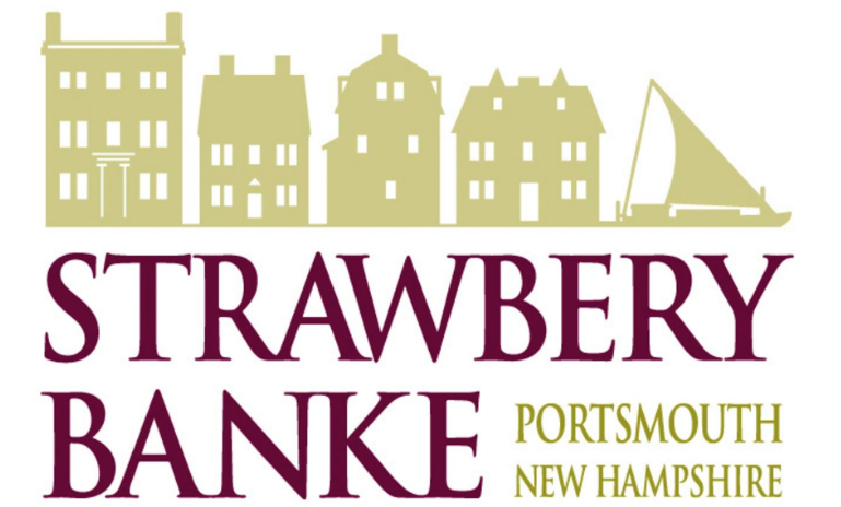 Strawbery Banke logo Four yellow colonial period houses in a row, and a gundalow boat above the red words, Strawberry Banke, and in yellow, Portsmouth New Hampshire, on a white background.