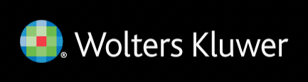 Wolters Kluwer logo Black background, with the words Wolters Kluwer in white. to the left of the W is a circle with three layers, dark and light blue circles in the outer layer, a green square in the middle layer, and a small red square in the inner circle.