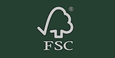 On a dark green background, in the center there is an outline of a tree with a check mark on the left hand side. The letters FSC are in white font below the tree.
