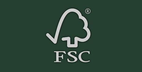 Forest Stewardship Council International Logo On a dark green background, in the center there is an outline of a tree with a check mark on the left hand side. The letters FSC are in white font below the tree.
